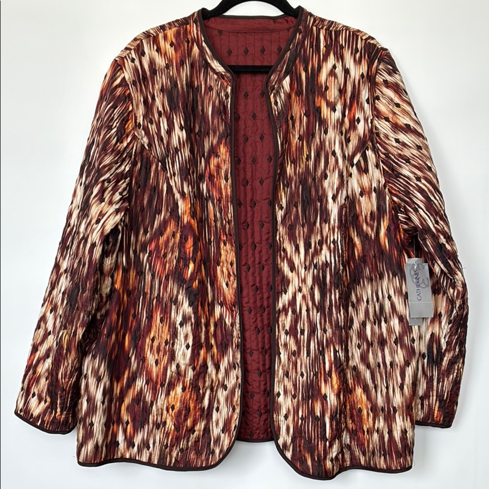 Catherines Brown and Orange Quilted Embroidered Women's Open Blazer Jacket